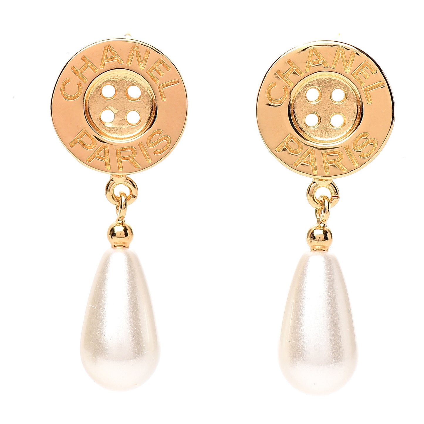 Metal Pearl Paris Button Drop Earrings Gold