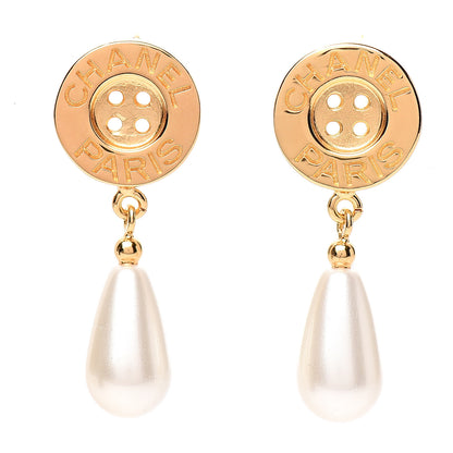 Chanel Metal Pearl Paris Button Drop Earrings Gold 1 of 5