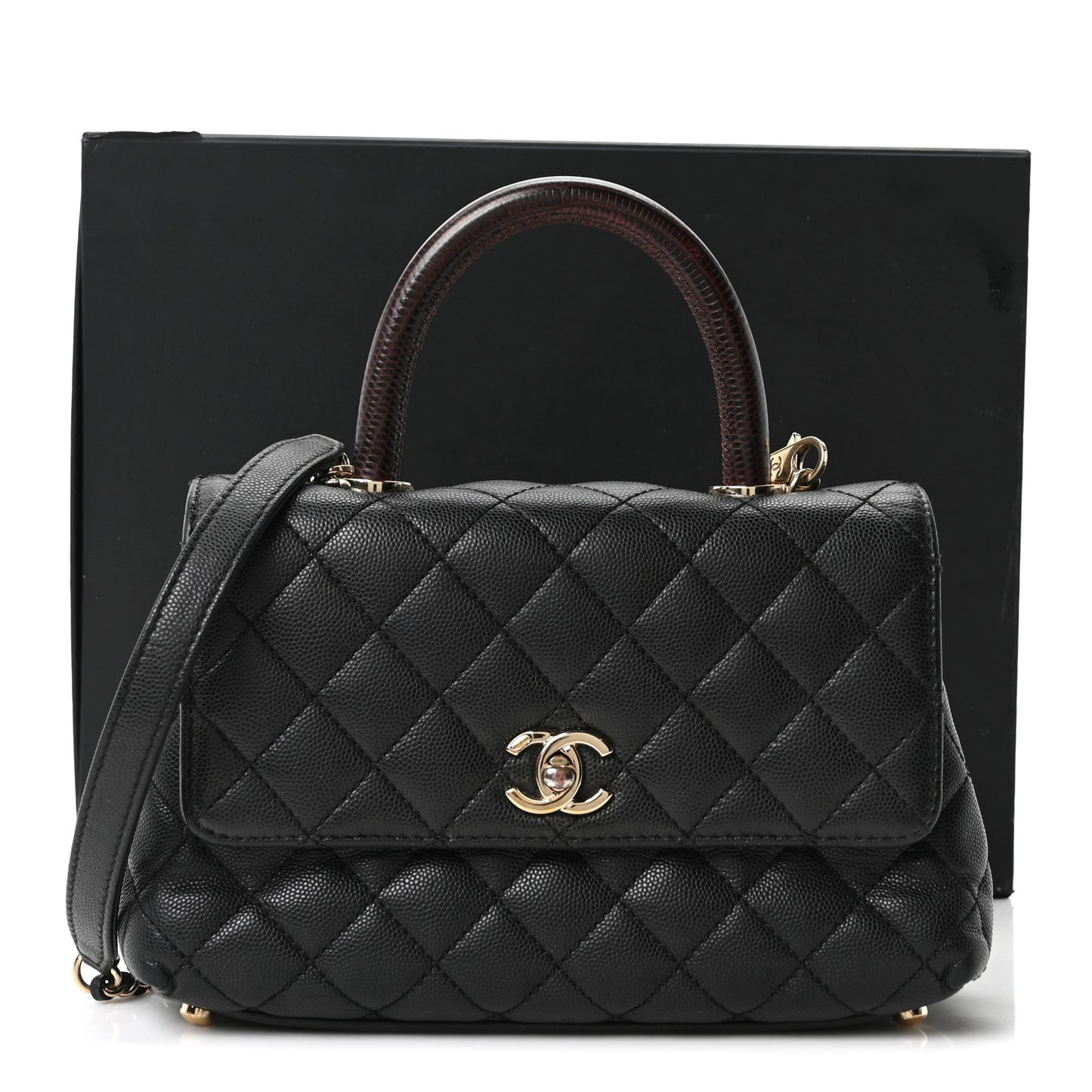Caviar Lizard Embossed Quilted Mini Coco Handle Flap Black