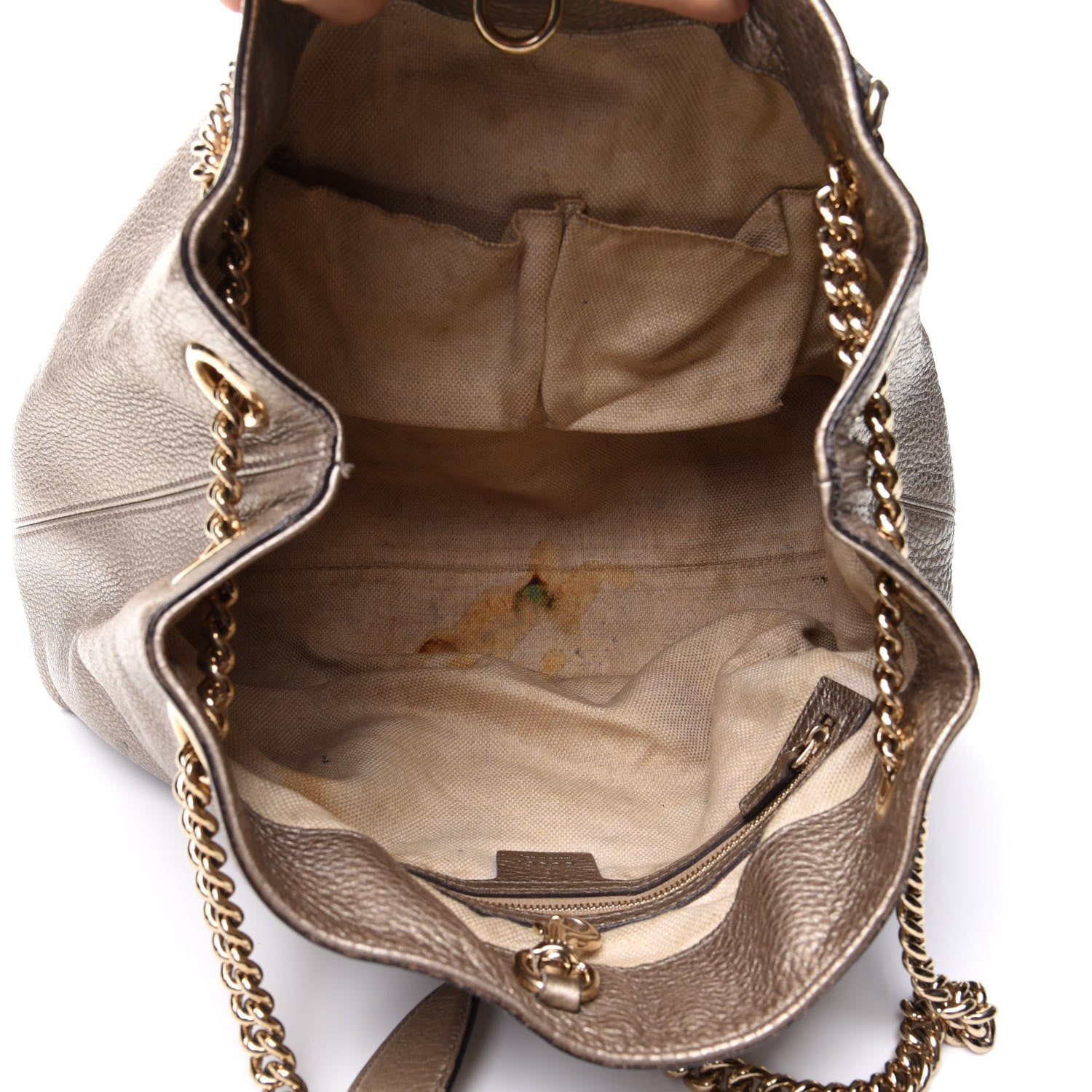 Gucci Metallic Pebbled Calfskin Medium Soho Chain Shoulder Bag Golden Beige 5 of 12