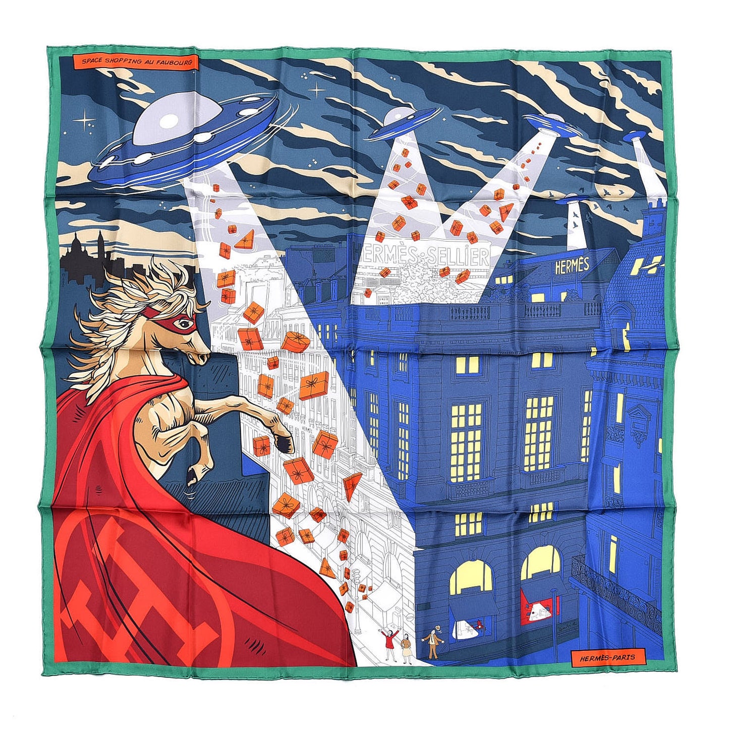 Silk Space Shopping Au Faubourg Scarf 90 Bleu Vert Rouge