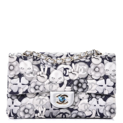 Chanel Nylon Quilted Medium Cat Emoticon Double Flap Navy Grey Ecru 1 of 9