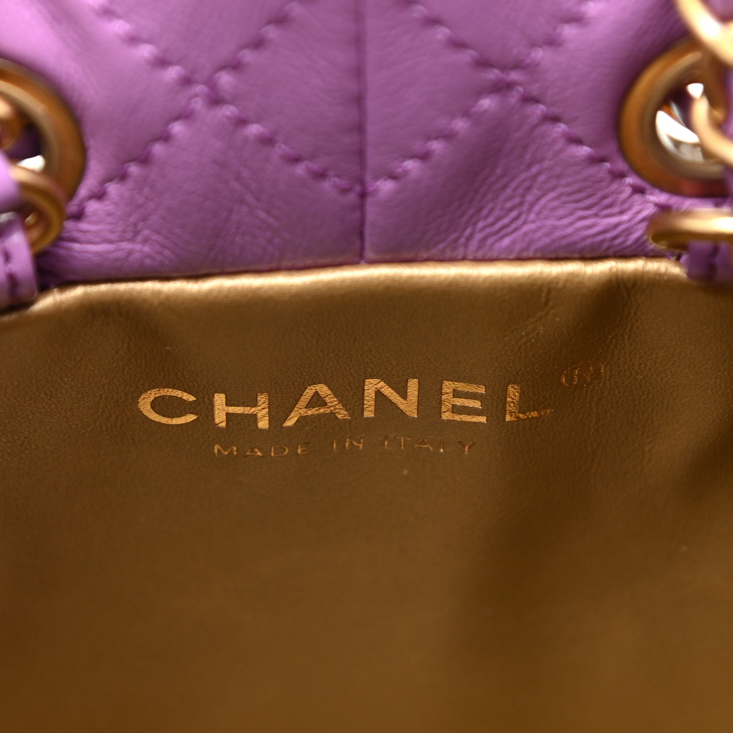 Lambskin Quilted Pearl Crush Drawstring Bag Purple