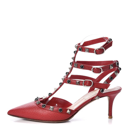 Valentino Garavani Pebbled Calfskin Onyx Rockstud Rolling Ankle Strap 65mm Pumps 35 Rosso Valentino 1 of 7