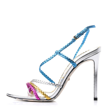 Gucci Sequin Paillette Nappa Silk Braided Haines High Heel Sandals 39 Fuxia Oro Vecchio Argento 1 of 10