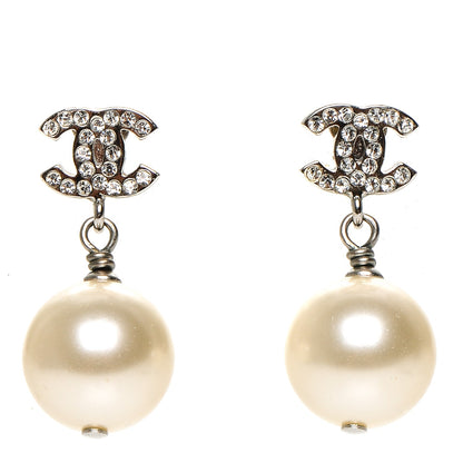 Chanel Crystal Pearl CC Drop Earrings Silver 1 of 4