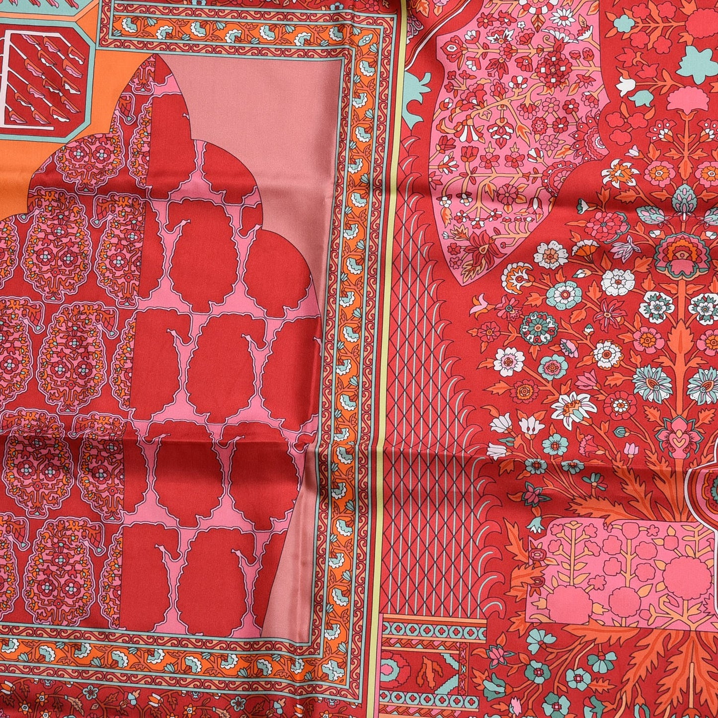 Silk Twill Tapis Persans Giant Plume Scarf 140 Framboise Turquoise Orange