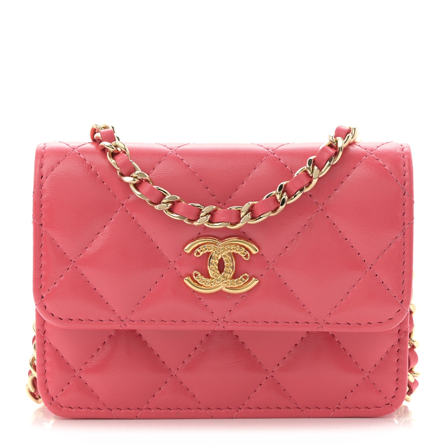 Shiny Lambskin Quilted Card Holder On Chain Pink