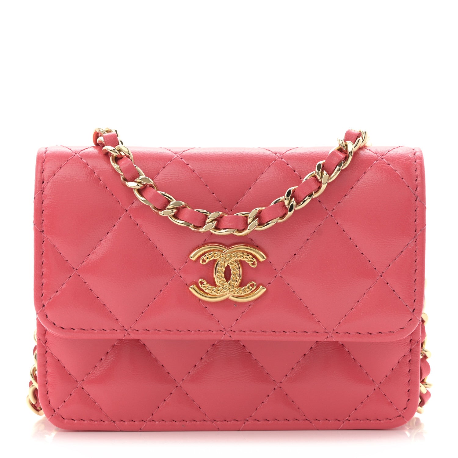 Chanel Shiny Lambskin Quilted Card Holder On Chain Pink 1 of 11
