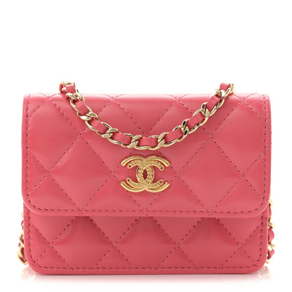 Chanel Shiny Lambskin Quilted Card Holder On Chain Pink 1 of 11