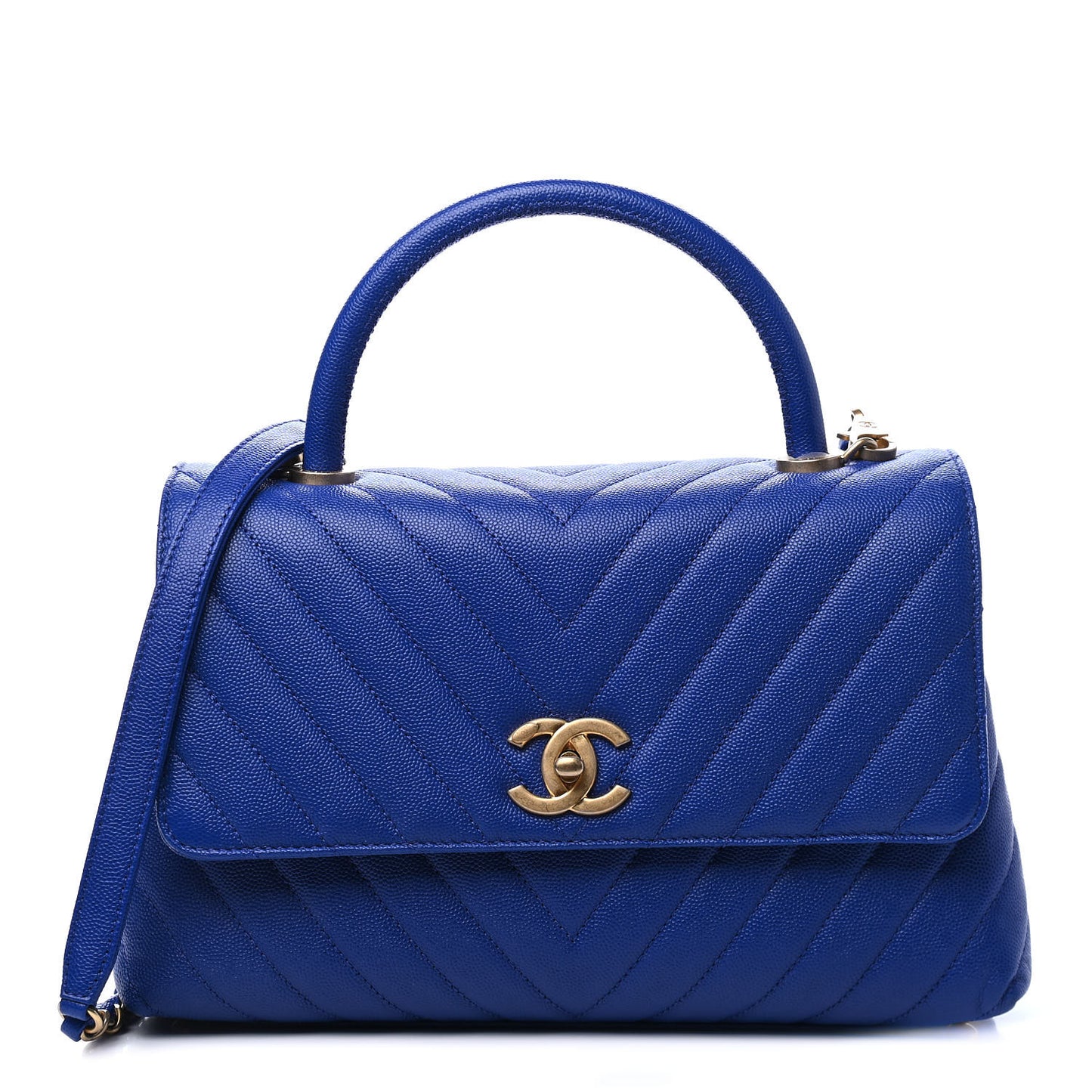 Caviar Chevron Quilted Small Coco Handle Flap Blue