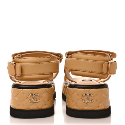 Chanel Lambskin Quilted Platform Sandals 37 Beige Black 5 of 10