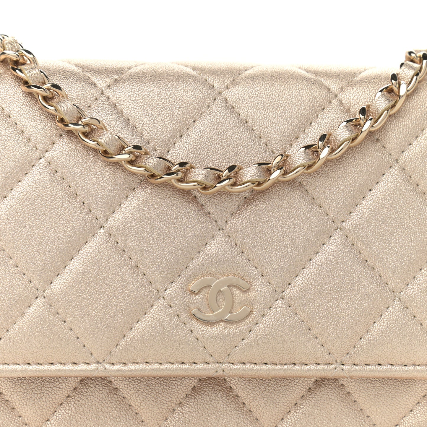 Metallic Lambskin Quilted Mini Wallet On Chain WOC Gold