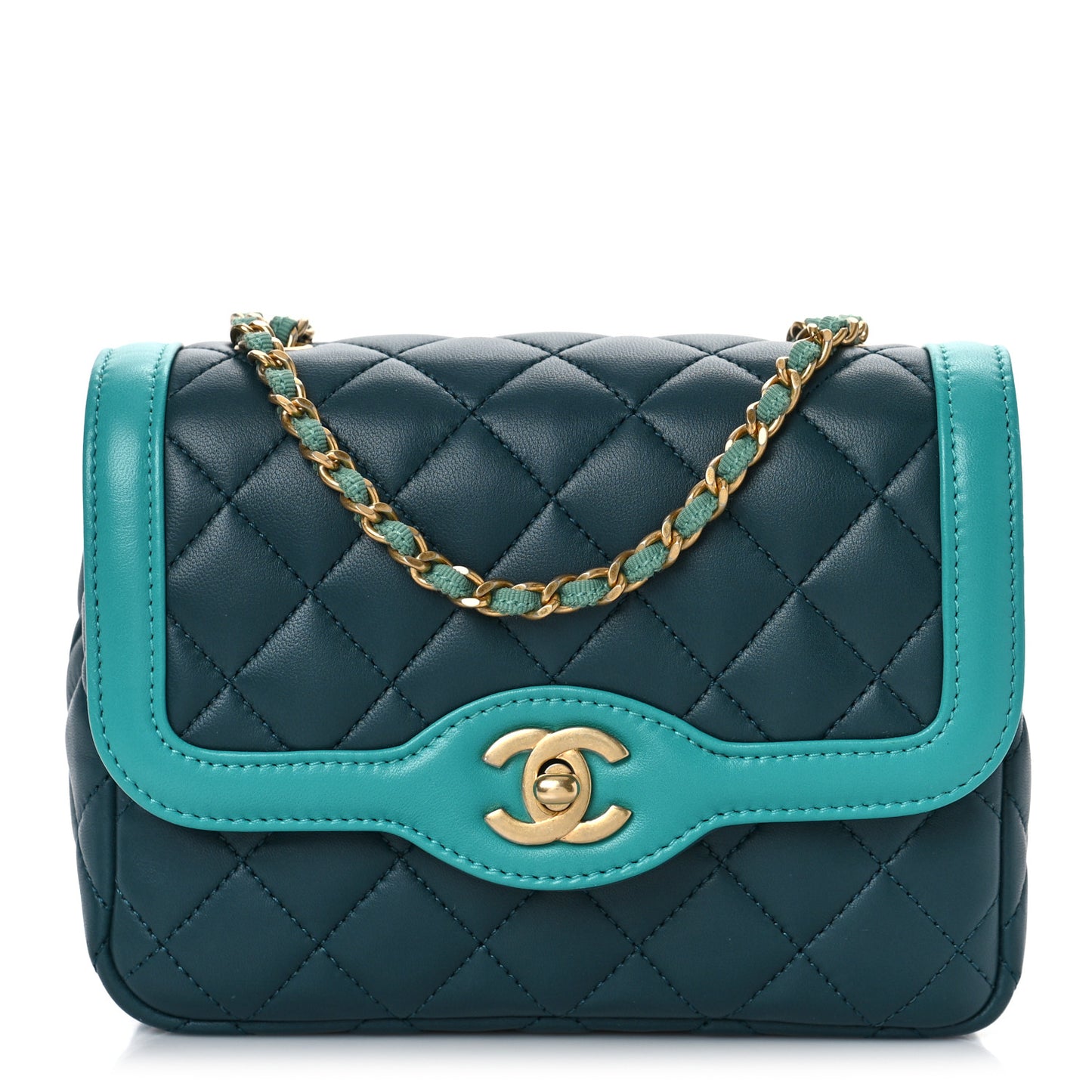 Lambskin Quilted Two Tone Day Flap Navy Turquoise