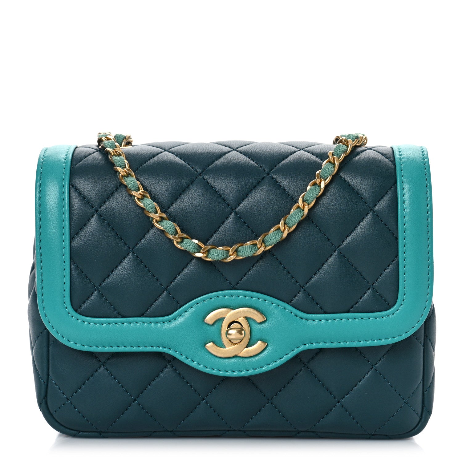 Chanel Lambskin Quilted Two Tone Day Flap Navy Turquoise 1 of 9