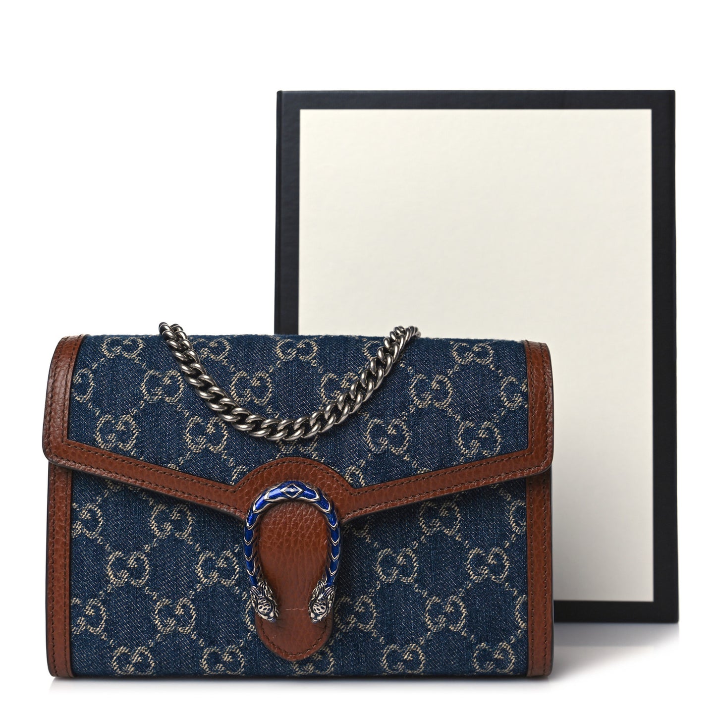 New Denim GG Monogram Dollar Calfskin Enamel Mini Dionysus Chain Wallet Blue Tea Cuir Epilog Electric Blue