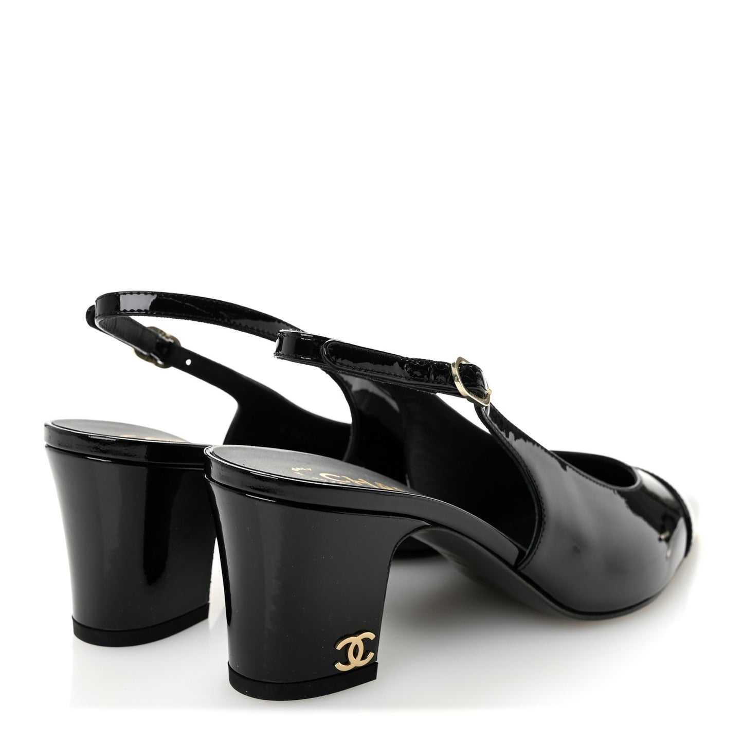 Patent Calfskin Cap Toe CC Slingback Pumps 36.5 Black