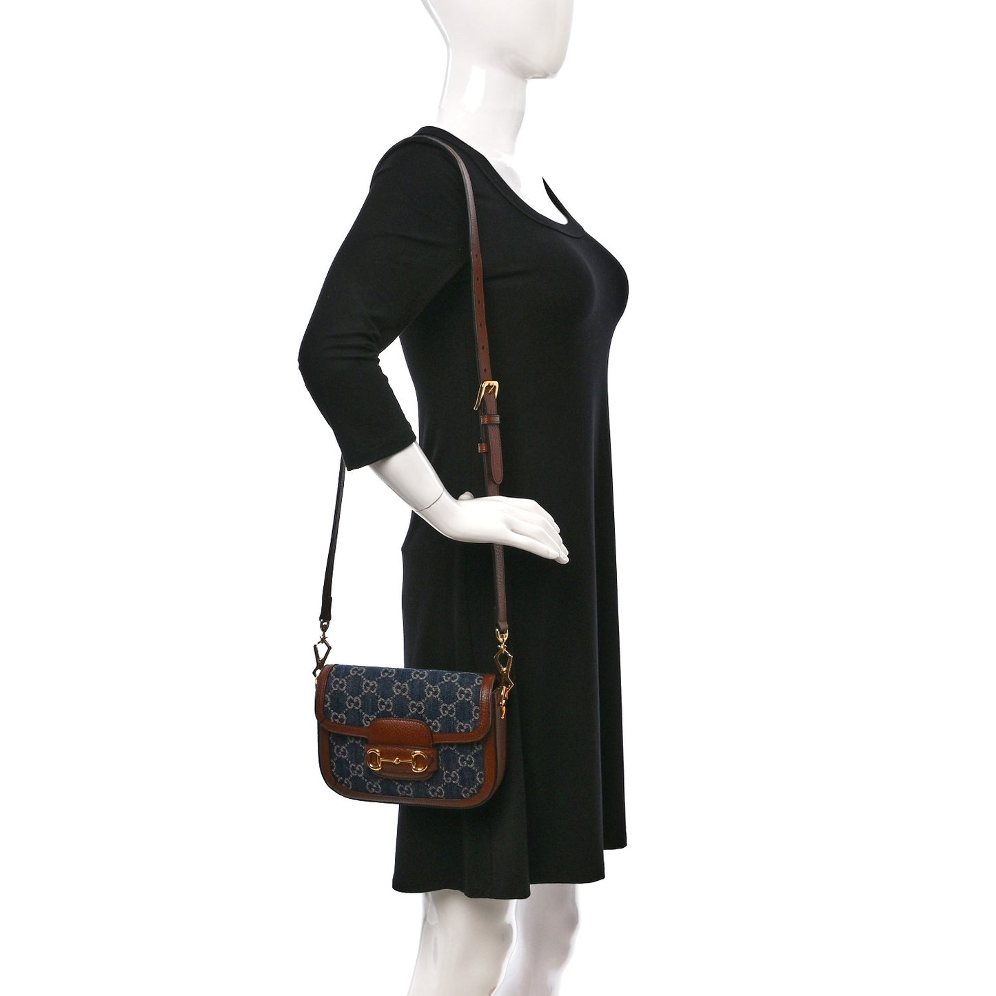 New Denim GG Monogram Dollar Calfskin Web Mini Horsebit 1955 Shoulder Bag Blue Tea Cuir Epilog