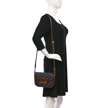 Gucci New Denim GG Monogram Dollar Calfskin Web Mini Horsebit 1955 Shoulder Bag Blue Tea Cuir Epilog 2 of 9