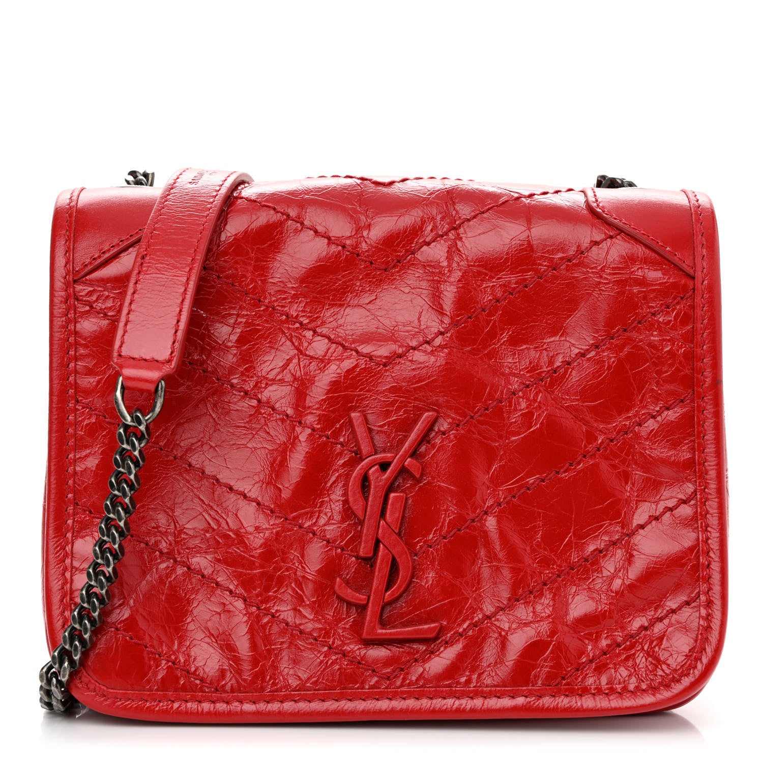 Saint Laurent Crinkled Calfskin Matelasse Monogram Niki Chain Wallet Red 1 of 12