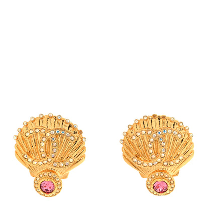 Chanel Metal Crystal CC Shell Clip On Earrings Gold Pink Multicolor 1 of 6