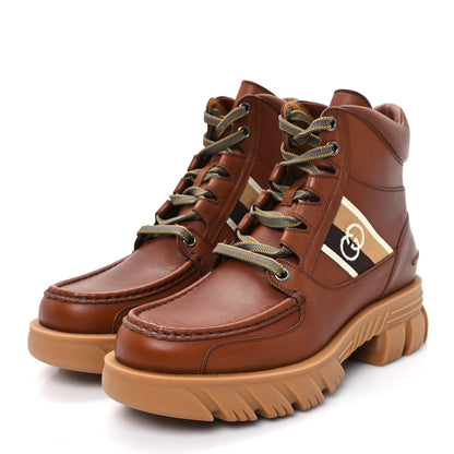 Gucci Quebec Calfskin Web Mens Interlocking G Lace Up Combat Up Combat Boots 8 Cuir Mystic White Ebony Beige 4 of 10