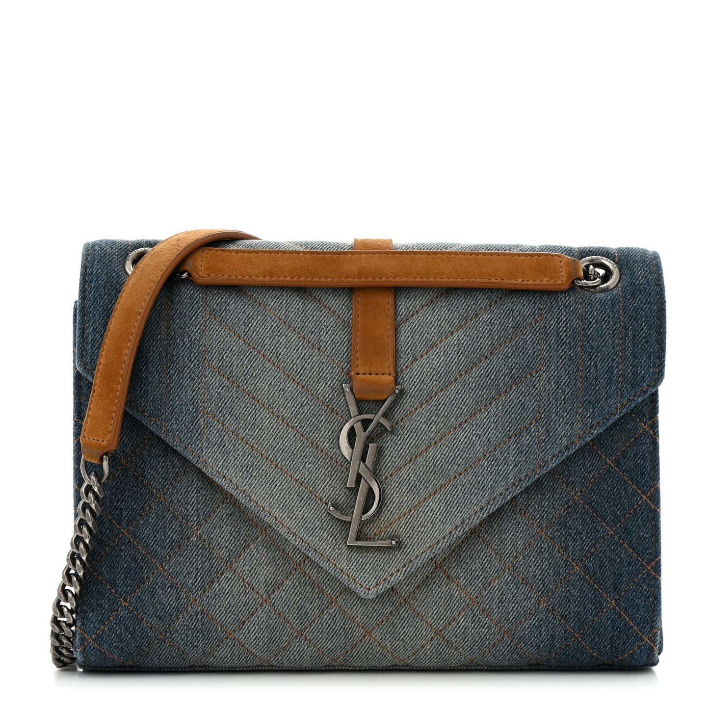 Denim Mixed Matelasse Triquilt Medium Monogram Envelope Satchel Blue