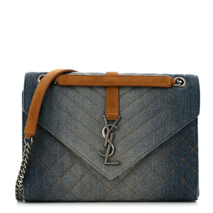 Saint Laurent Denim Mixed Matelasse Triquilt Medium Monogram Envelope Satchel Blue 1 of 13