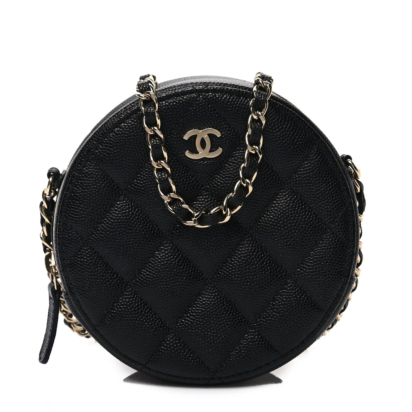 Caviar Quilted Round Clutch With Chain Black