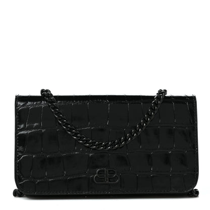 Balenciaga Shiny Calfskin Crocodile Embossed BB Phone Holder Wallet On Chain Black 1 of 8