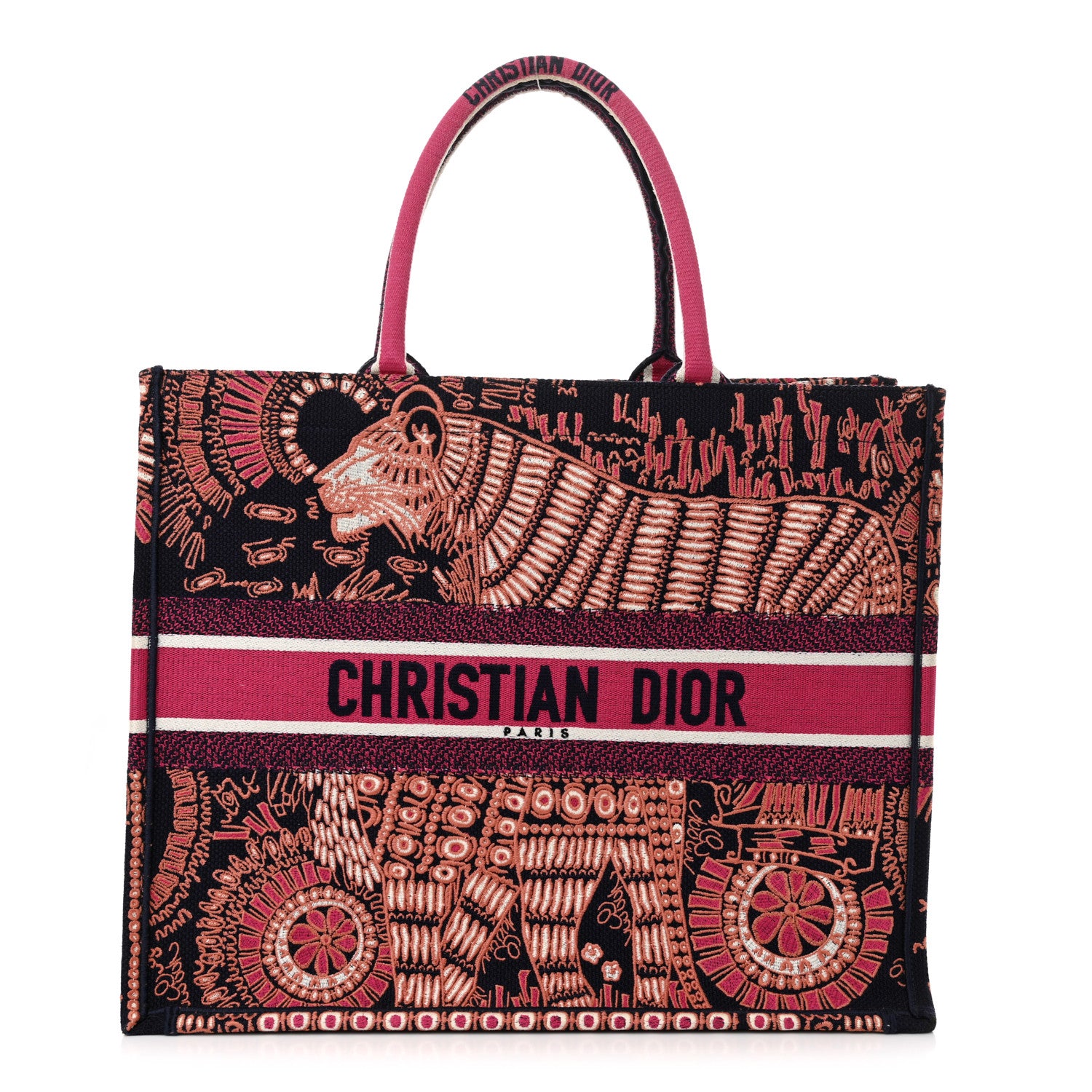 Christian Dior Canvas Embroidered Dior Animals Tiger Book Tote Deep Blue Fuchsia 1 of 14
