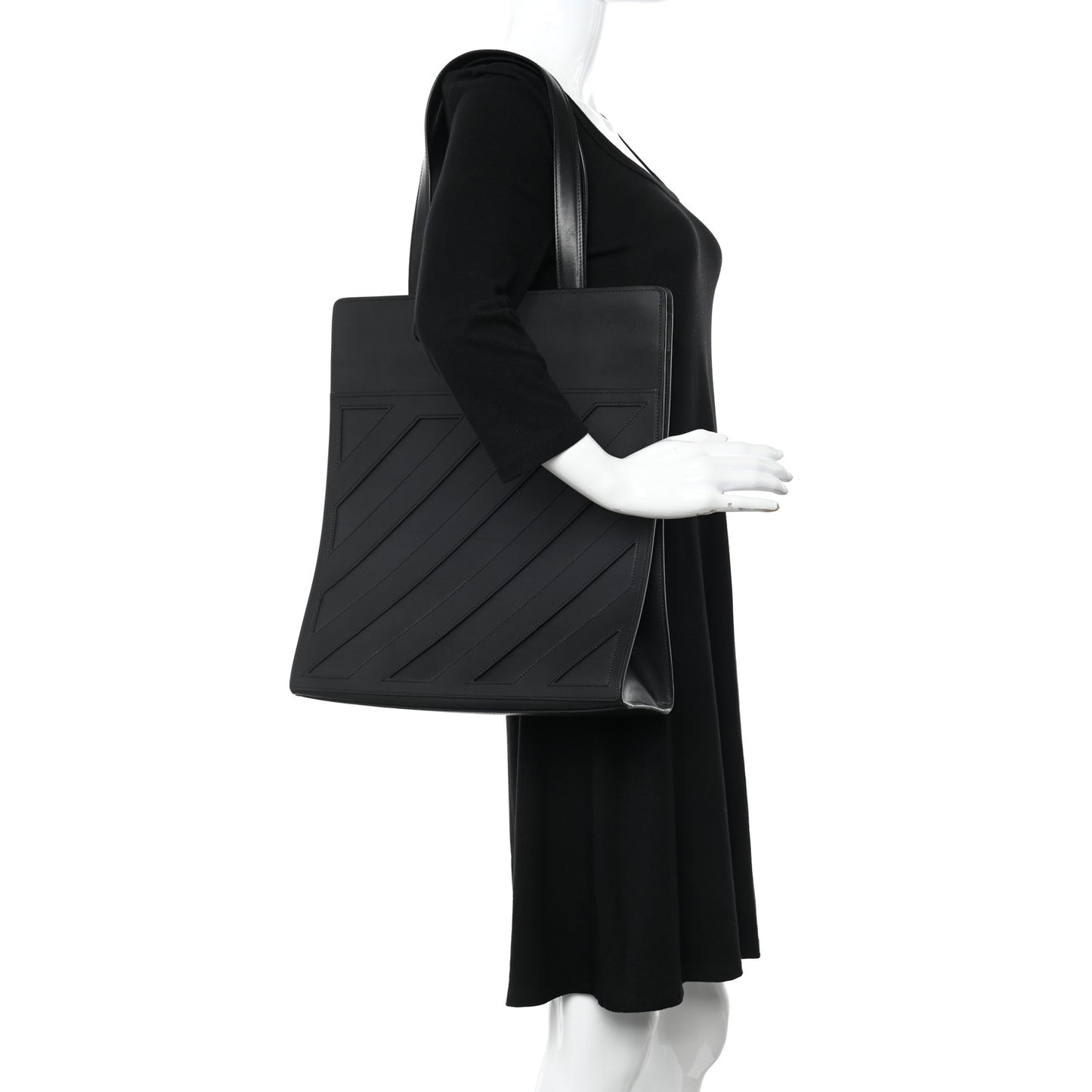 Calfskin Striped Diag Tote Black