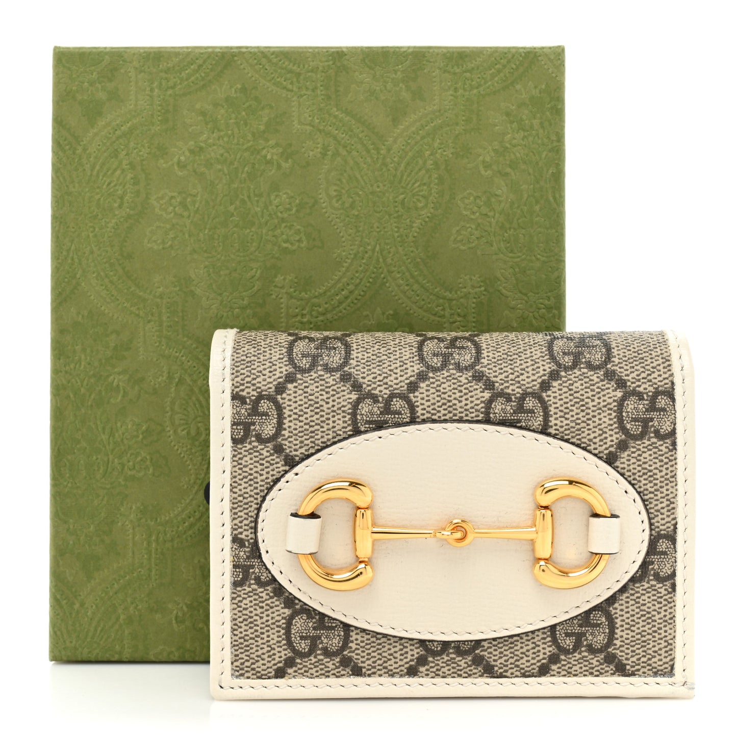GG Supreme Monogram Azalea Calfskin Horsebit 1955 Card Case Wallet Beige Ebony Mystic White