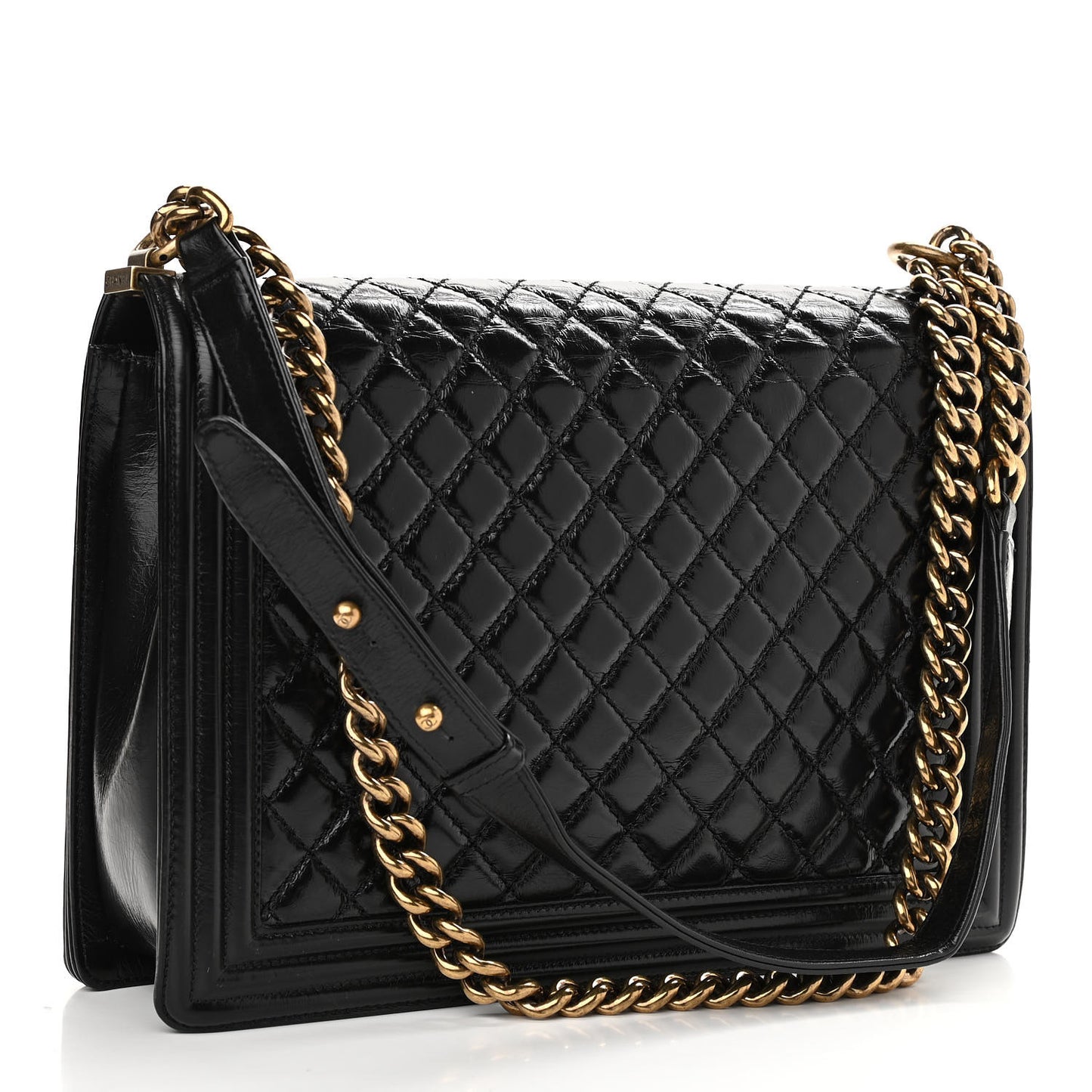 Glazed Calfskin Quilted Large Boy Flap Black