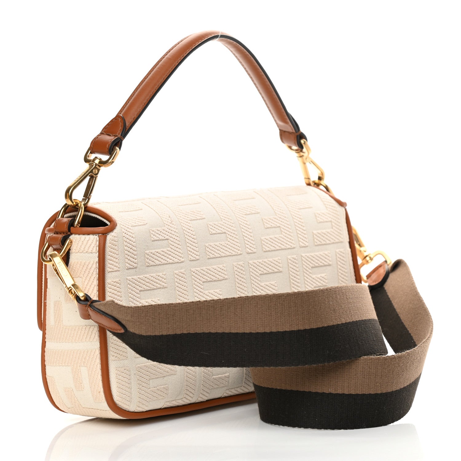 Fendi Canvas Vitello King Bi-Color Strap FF Embroidered Baguette Grezzo Brandy Cuoio 3 of 13