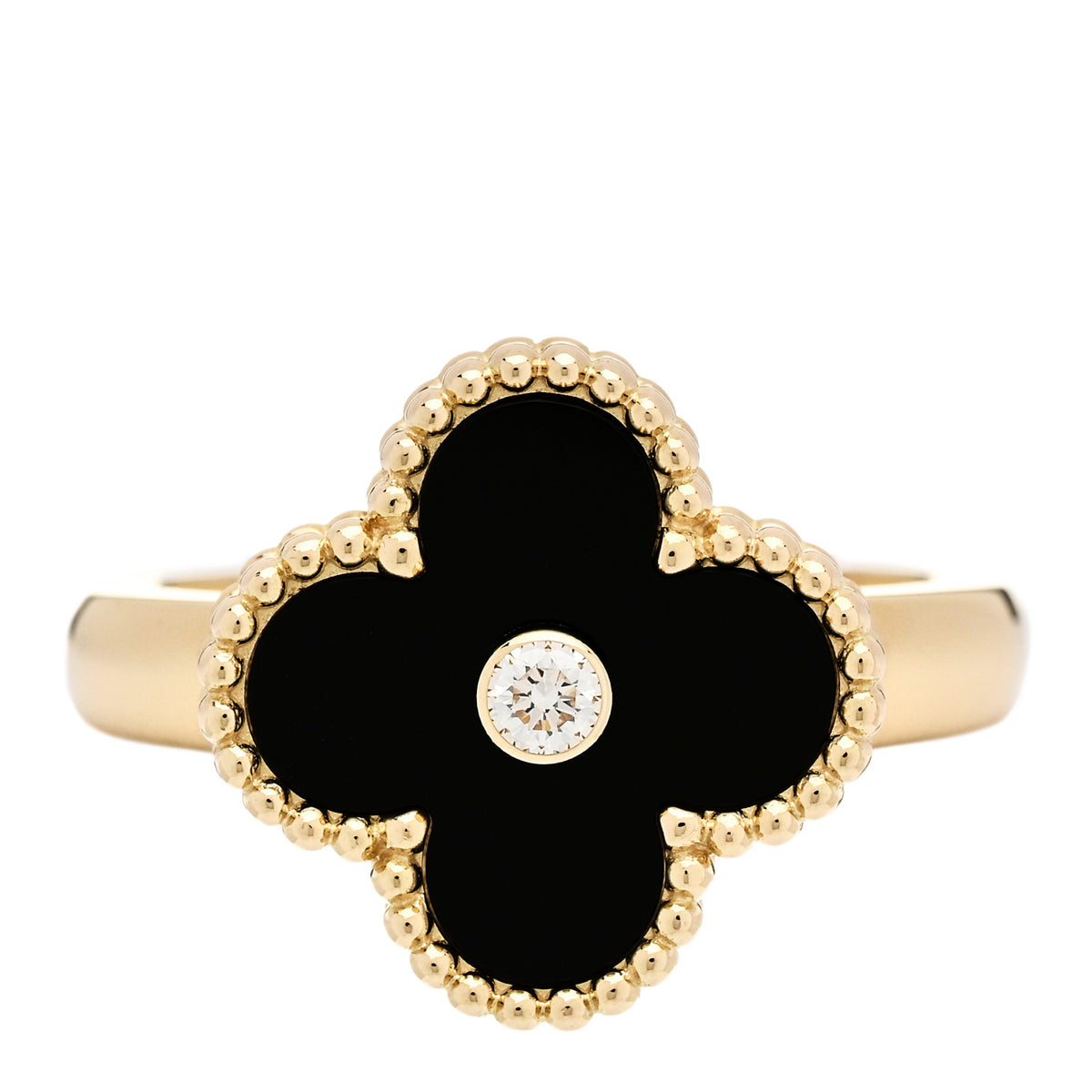 18K Yellow Gold Diamond Black Onyx Vintage Alhambra Ring 55 7.25