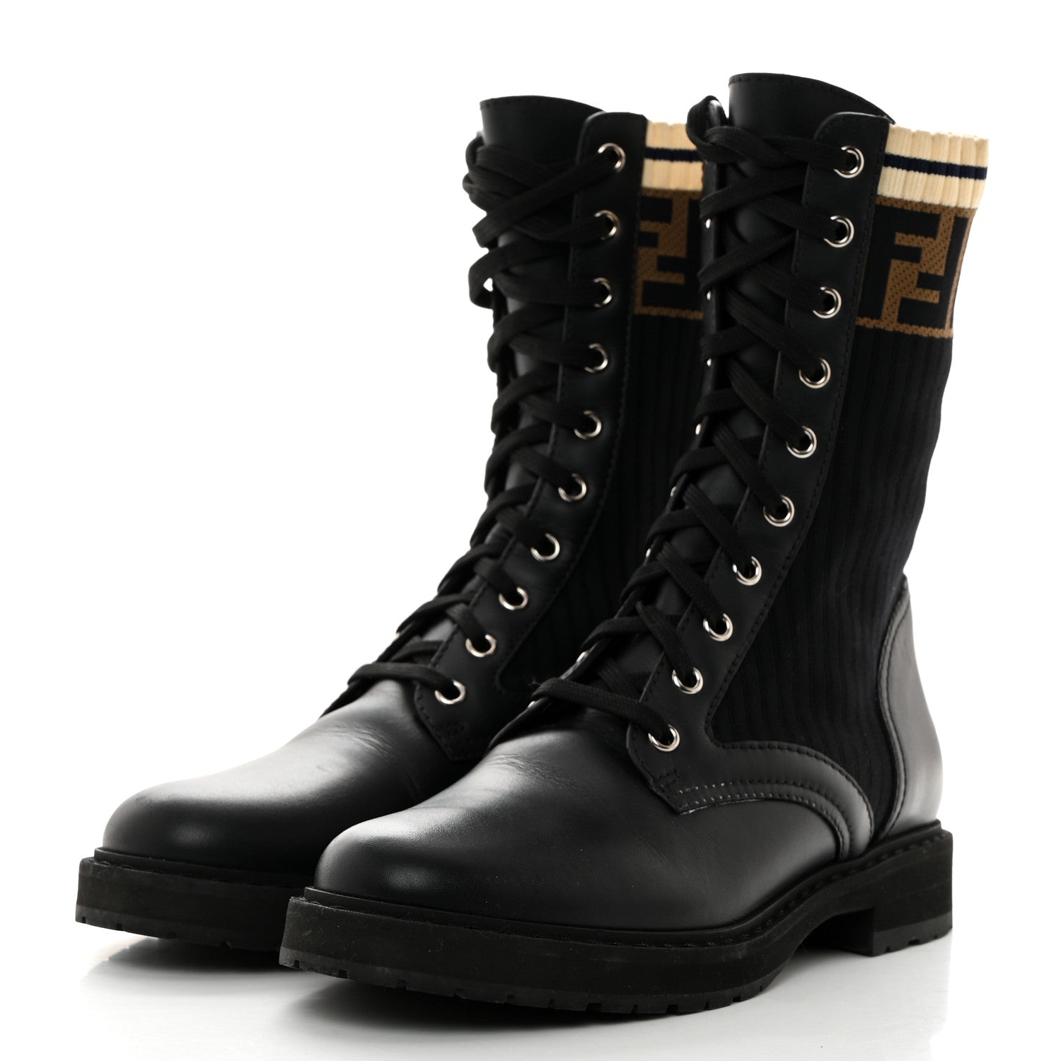 Fendi Calfskin Stretch Fabric Rockoko Biker Boots 38 Tobacco Black Marino 3 of 8