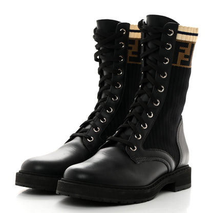 Fendi Calfskin Stretch Fabric Rockoko Biker Boots 38 Tobacco Black Marino 3 of 8