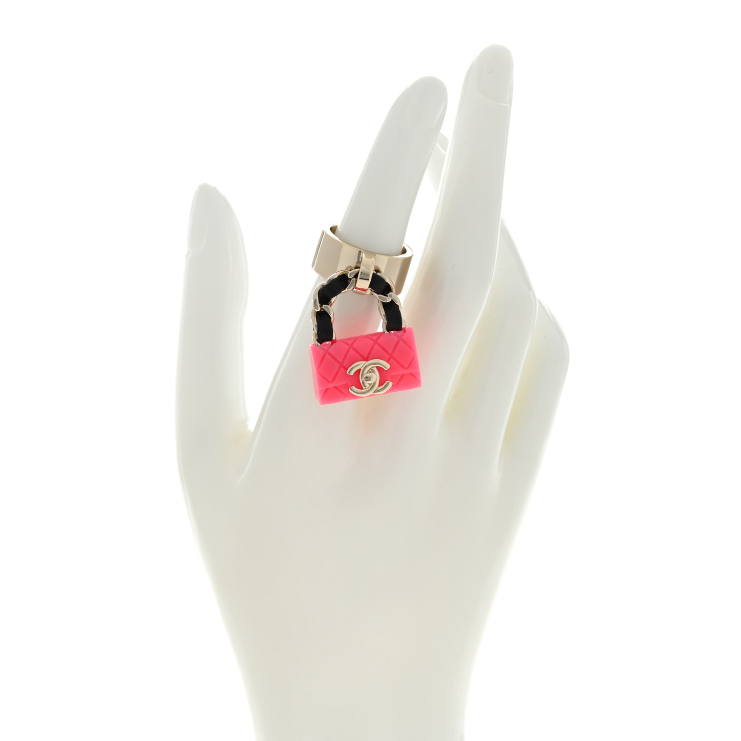 Calfskin Metal Resin CC Quilted Flap Ring 52 6 Gold Black Pink