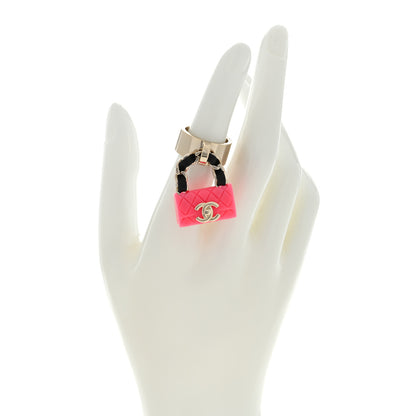 Chanel Calfskin Metal Resin CC Quilted Flap Ring 52 6 Gold Black Pink 2 of 4