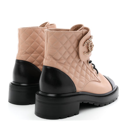 Chanel Shiny Lambskin Calfskin Quilted Lace Up Combat Boots 39.5 Beige Black 5 of 11