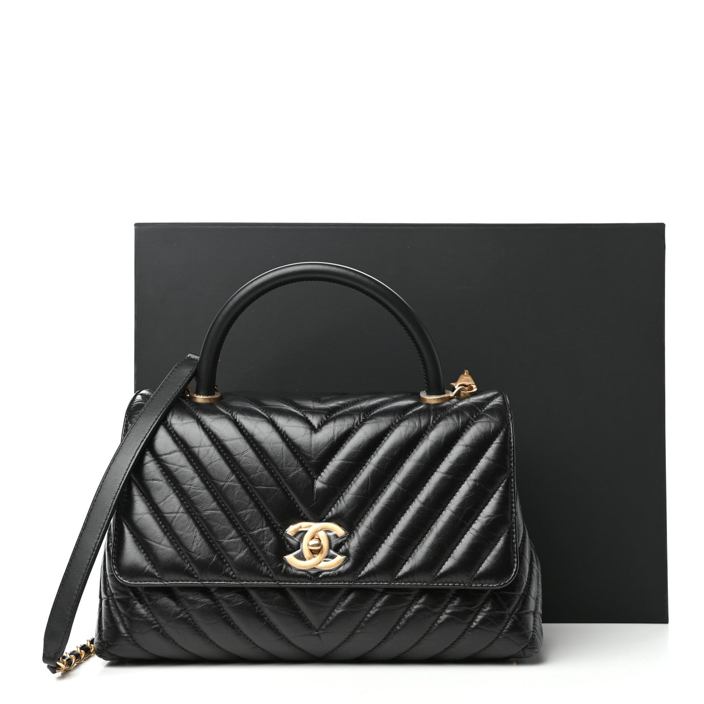 Aged Calfskin Chevron Quilted Small Coco Handle Flap Black