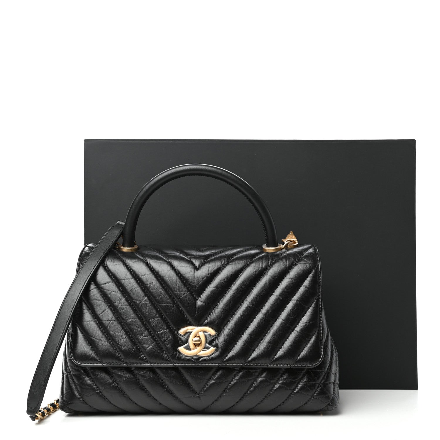 Chanel Aged Calfskin Chevron Quilted Small Coco Handle Flap Black 10 of 10