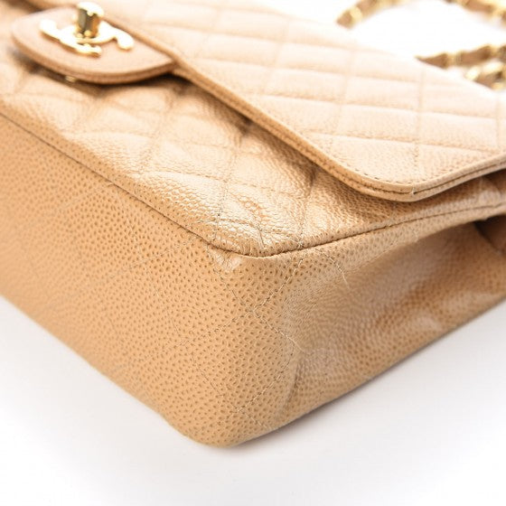 Caviar Quilted Medium Double Flap Beige
