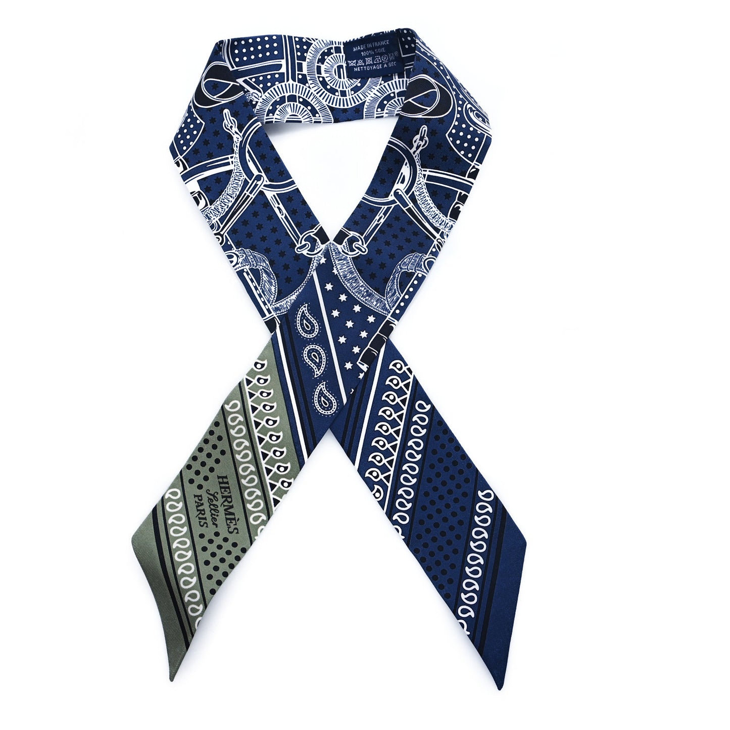 Silk Eperon d'Or Bandana Twilly Marine Vert Sauge White