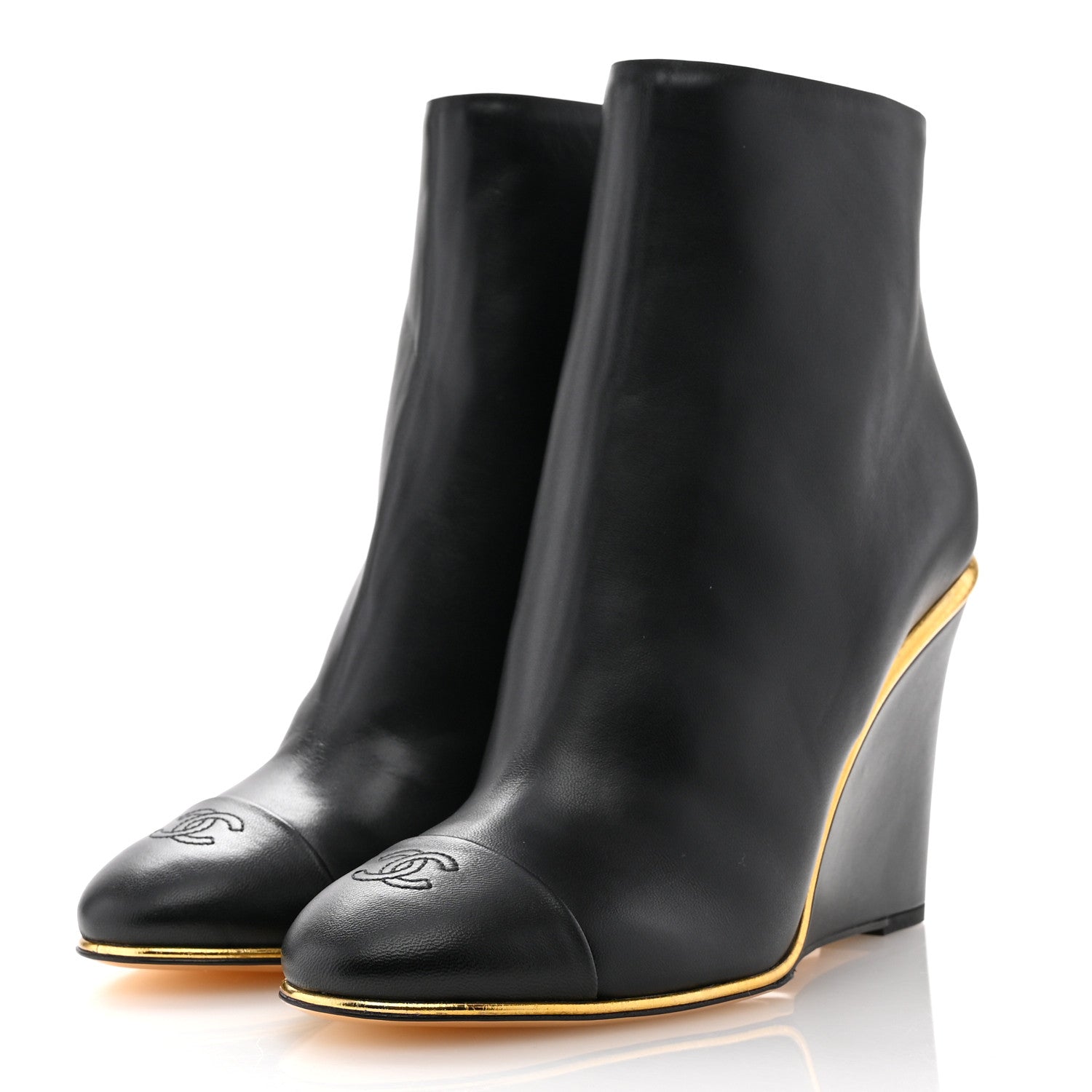 Chanel Lambskin Cap Toe Wedge Ankle Boots 42 Black 4 of 10