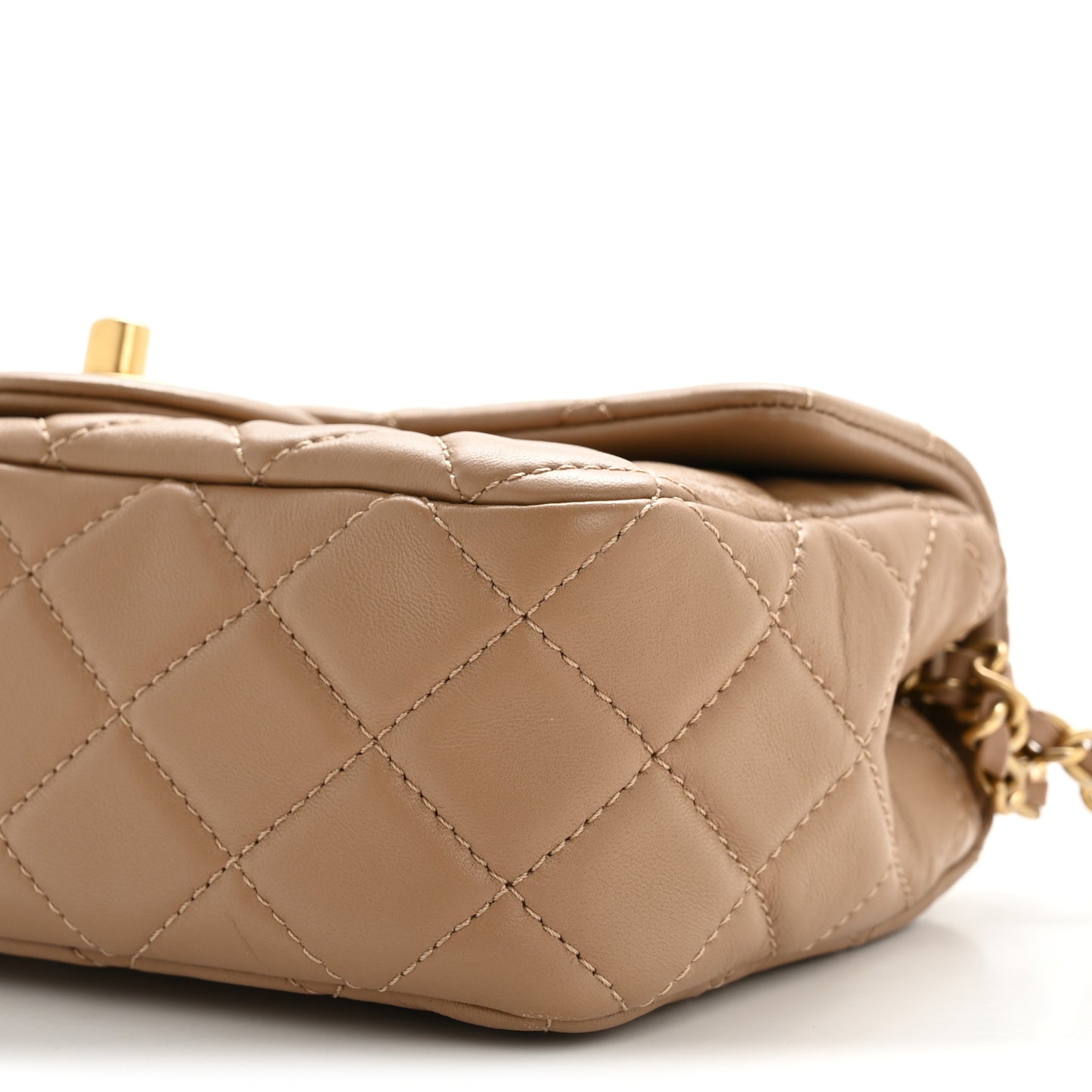 Lambskin Quilted Mini Rectangular Pearl Crush Flap Beige