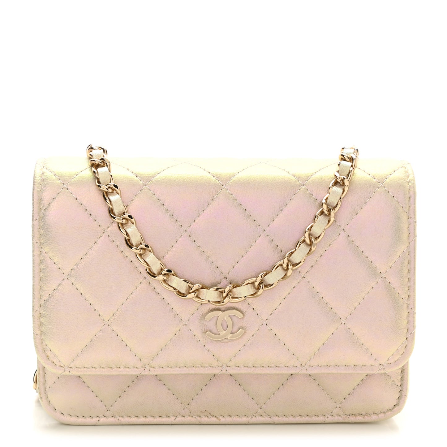 Iridescent Lambskin Quilted Mini Wallet On Chain WOC Ivory