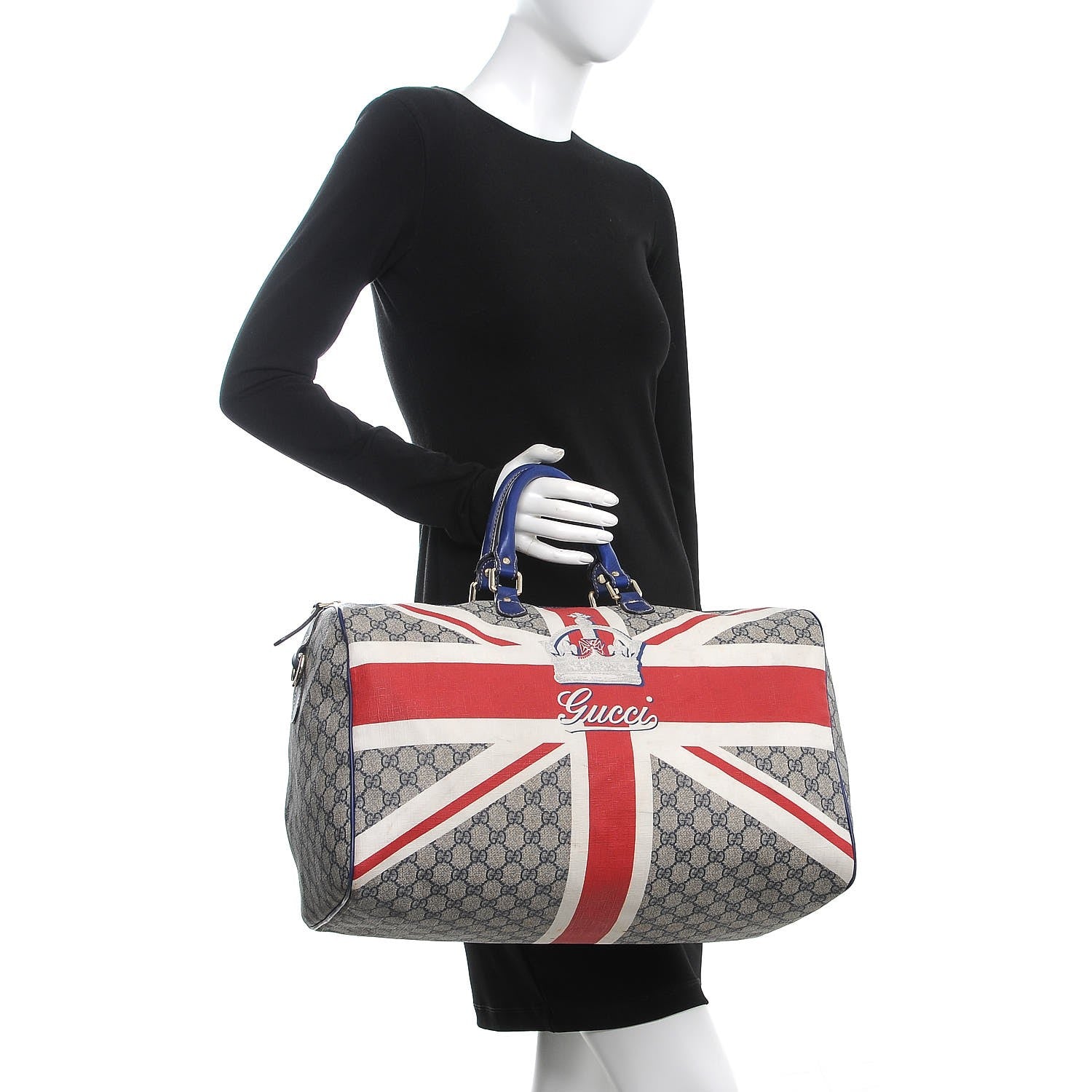 Gucci GG Plus Monogram Large Sloaney Union Jack British Flag Boston Duffle Tote Blue 3 of 24
