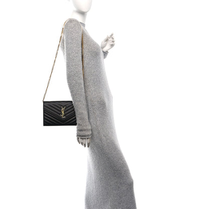 Saint Laurent Grain De Poudre Matelasse Chevron Monogram Chain Wallet Black 2 of 9